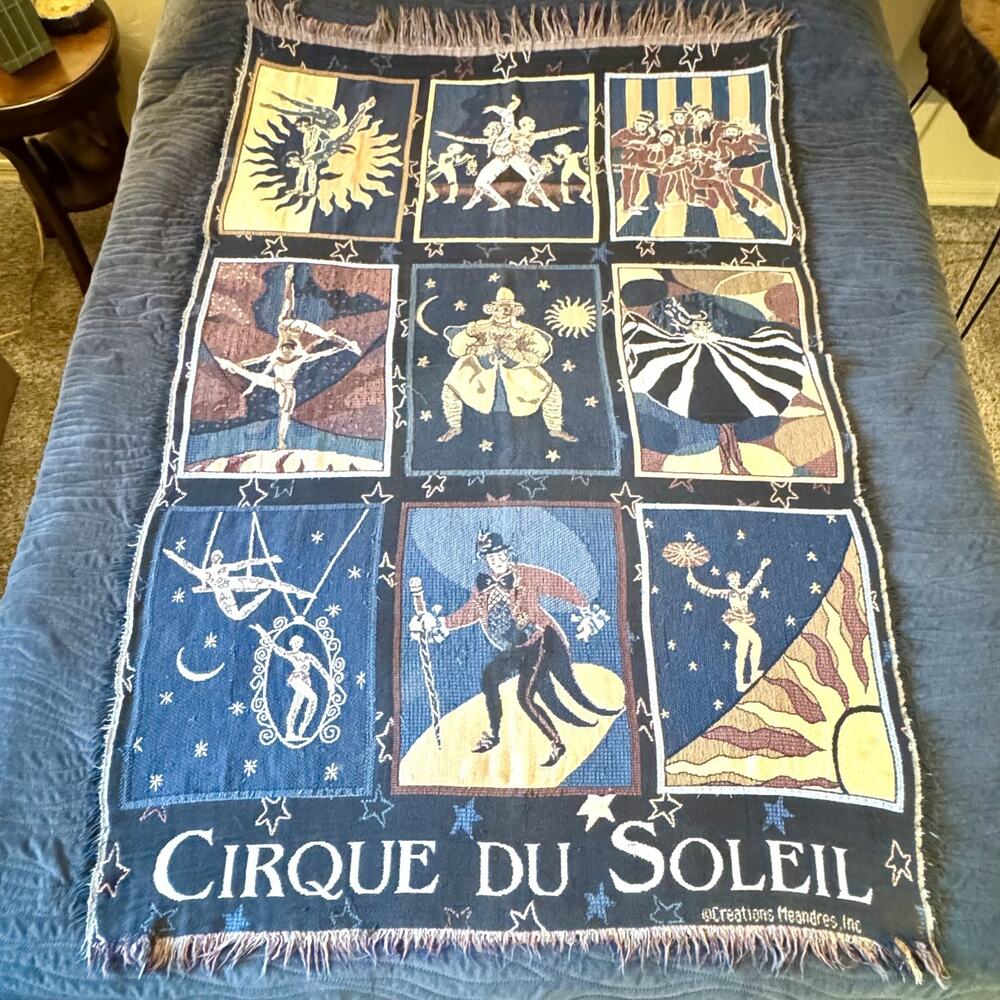 Vtg Cirque Du Soleil Woven Throw Blanket Goodwin Weavers Tapestry Fringe 40x61"